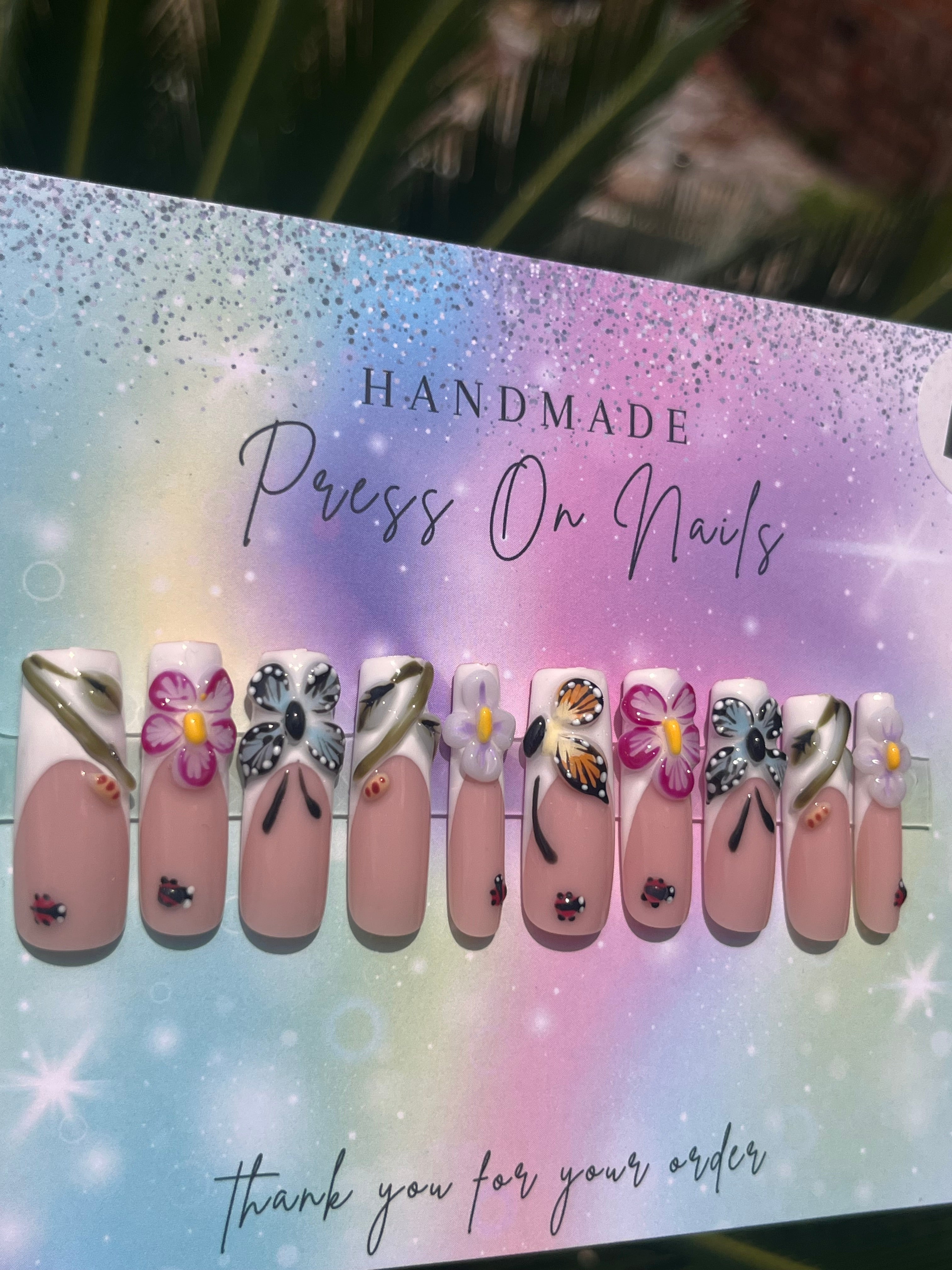 Long white French tip spring time 3d floral butterfly lady bug caterpillar press ons