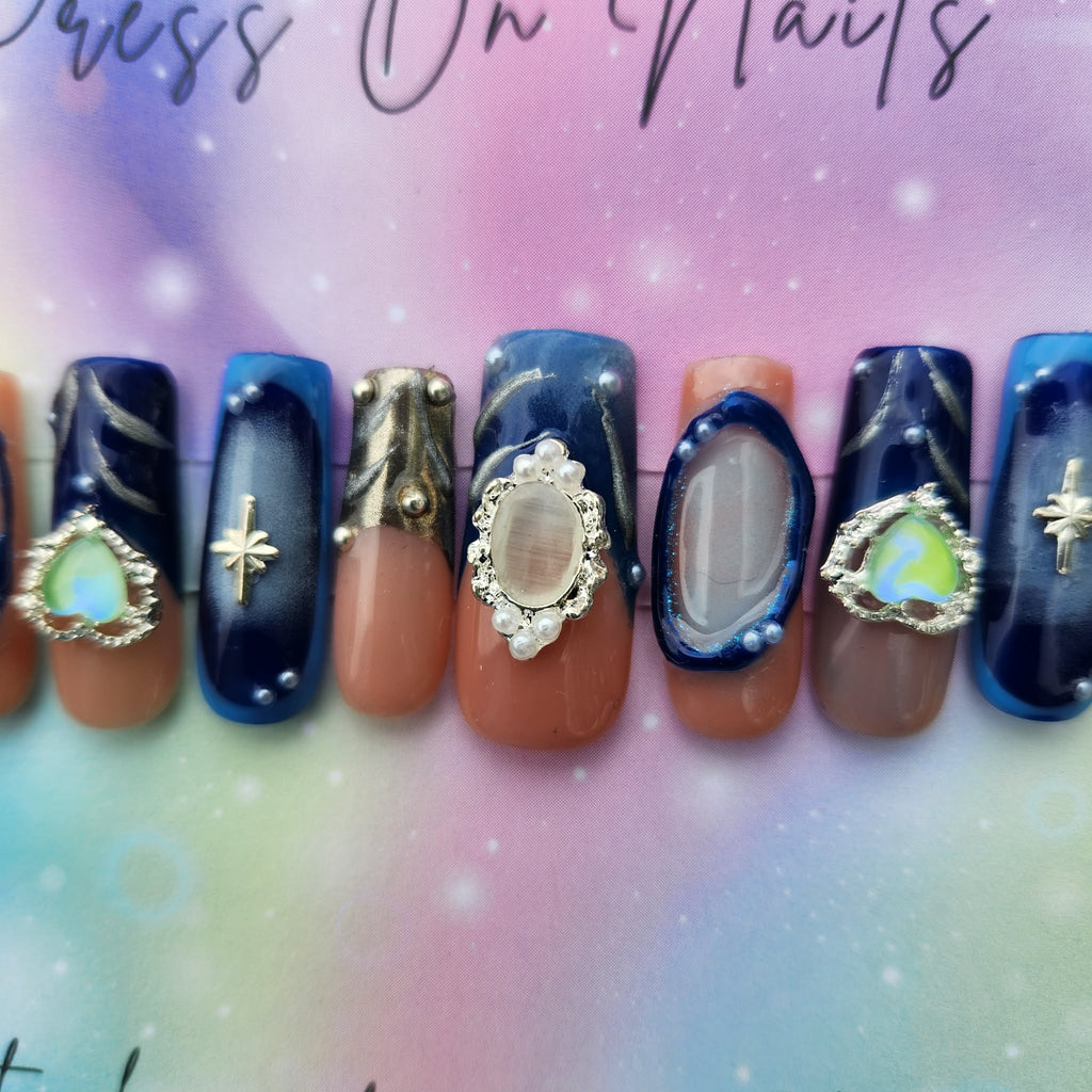 blue navy blue gold chrome gem press ons