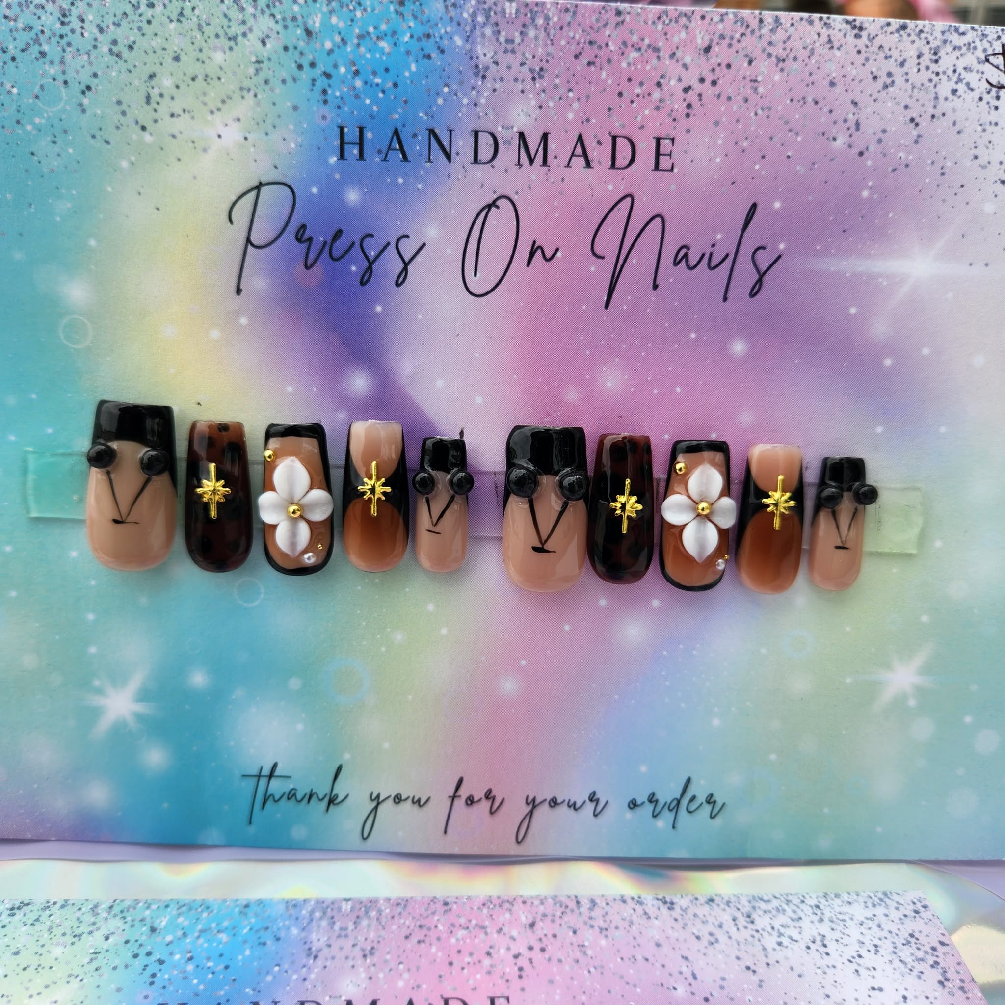 dark brown French tip 3d cherry white floral gold star press ons