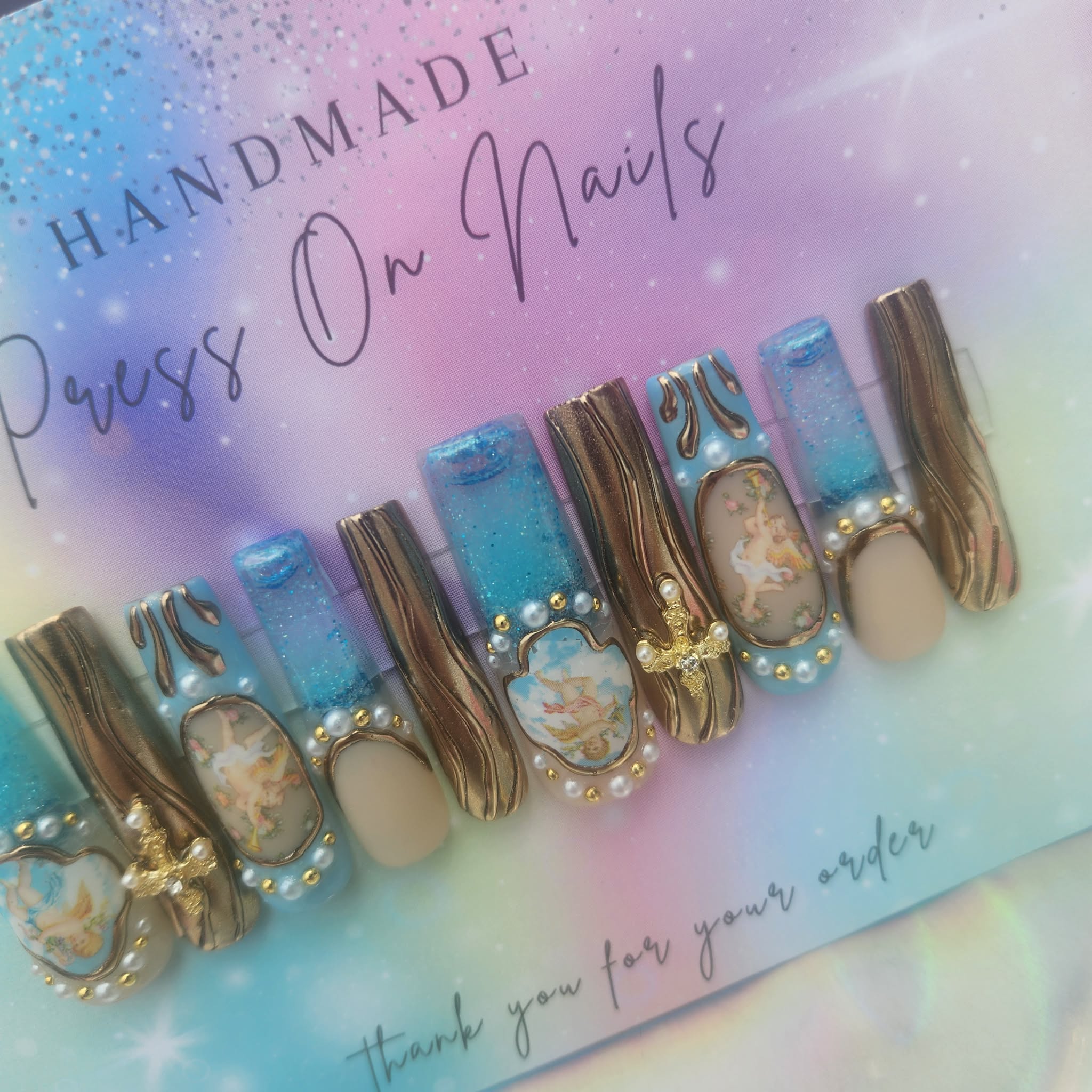 XXL angel baby blue glitter gold chrome aqua nails
