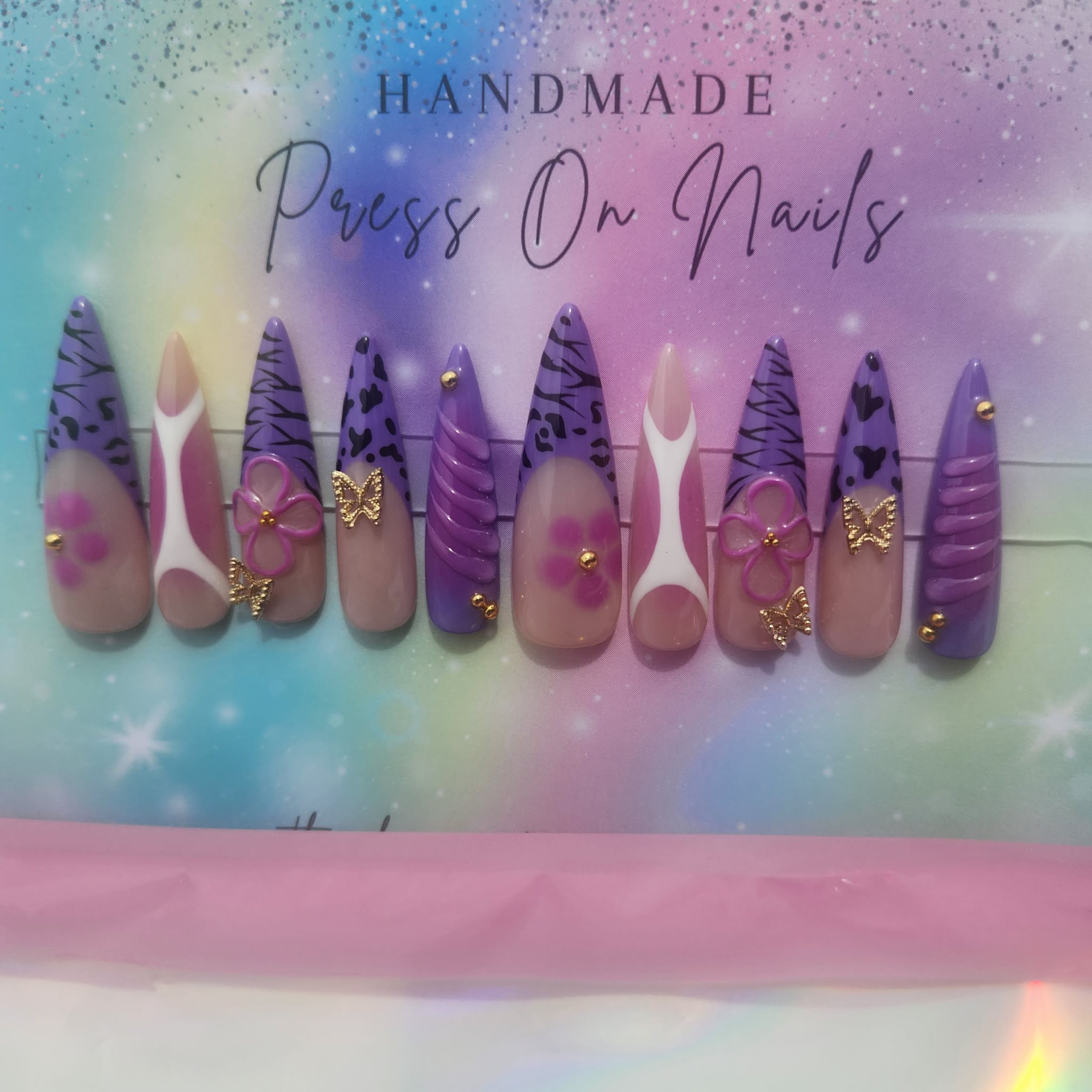 Handmade xxl pike stiletto gape floral white butterfly press ons