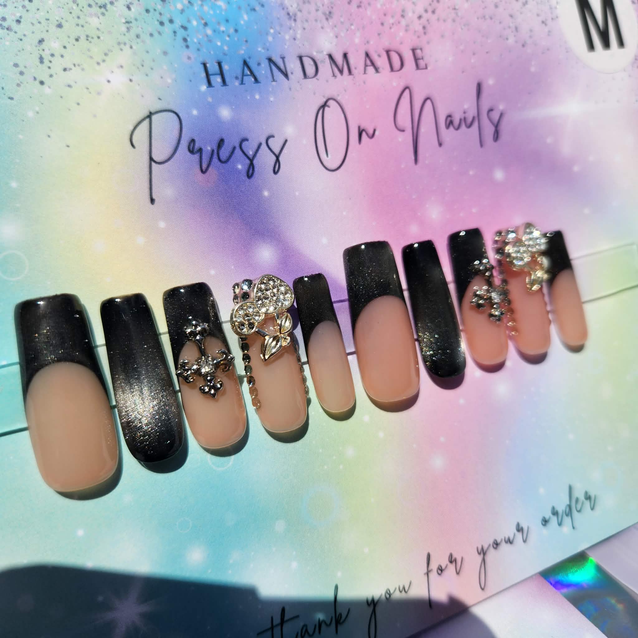 Long silver cat eye French tip glitter cross silver cherry press ons