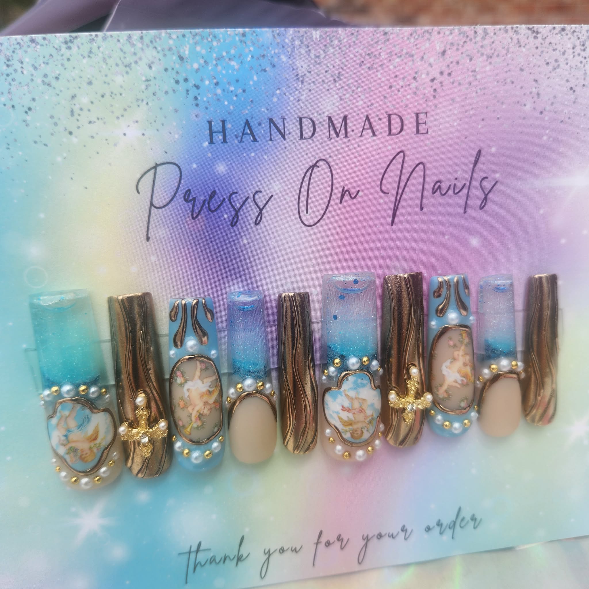 XXL angel baby blue glitter gold chrome aqua nails