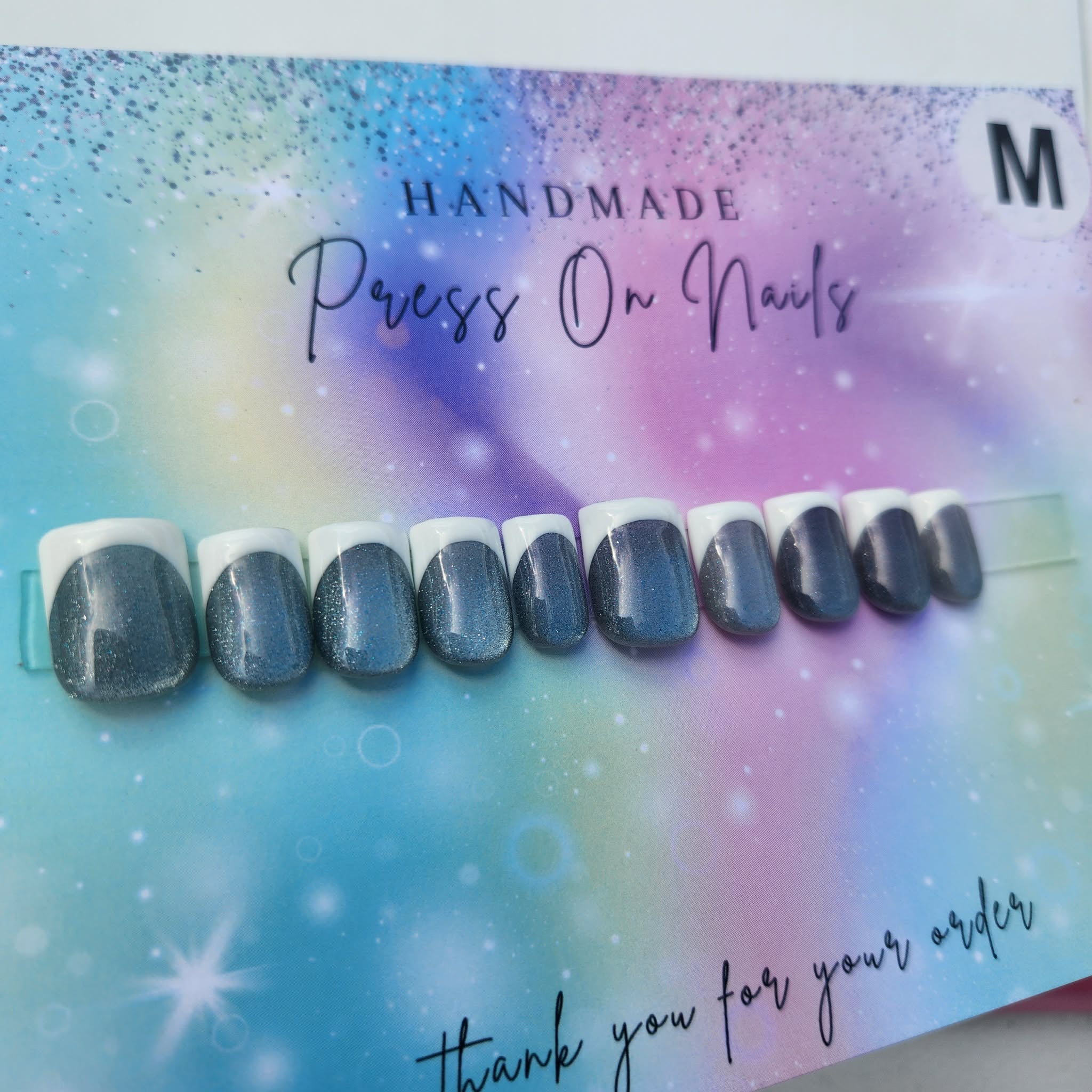 square shape white French tip cat eye grey glitter press ons