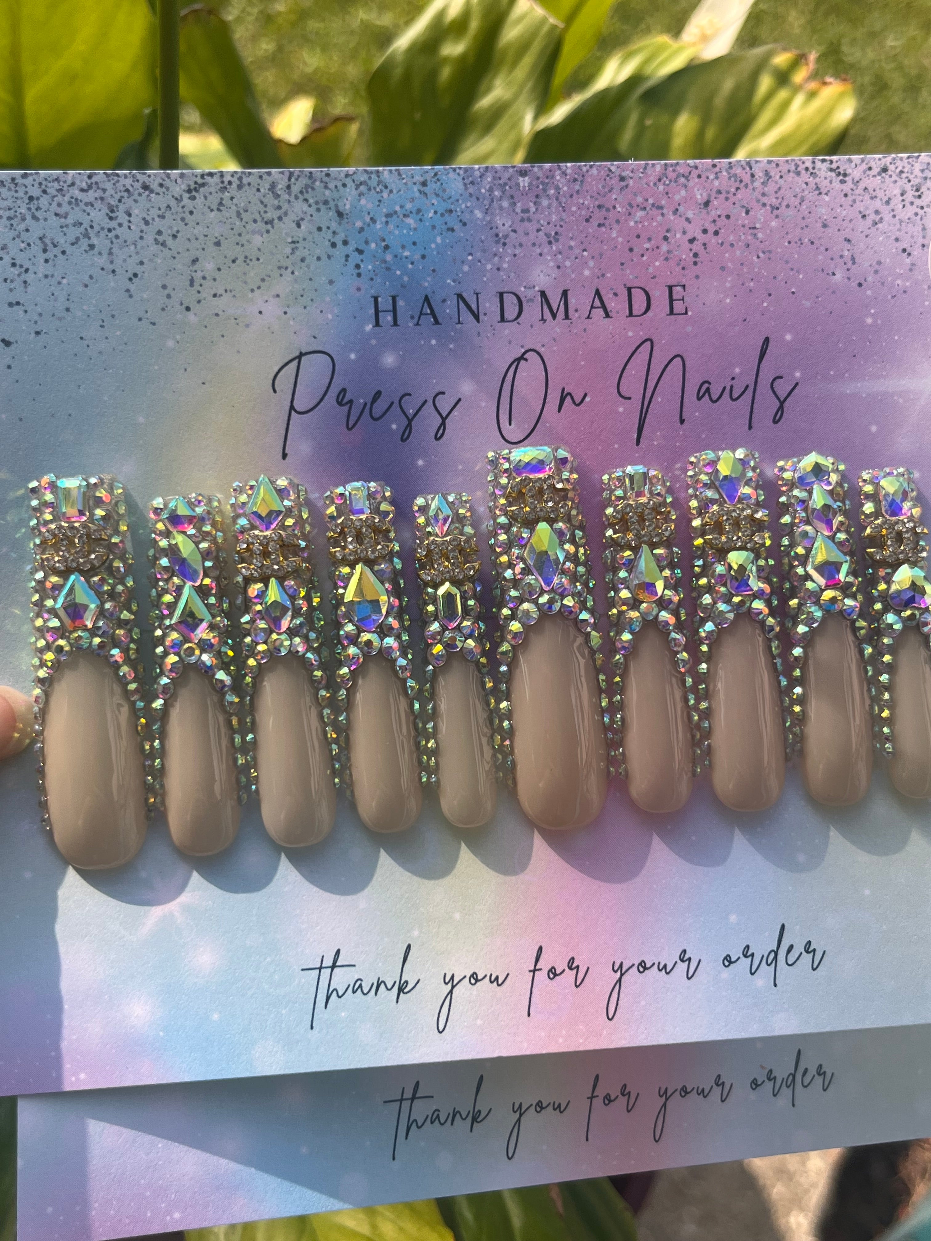 Xxxl iridescent rhinestone bling French tip press ons