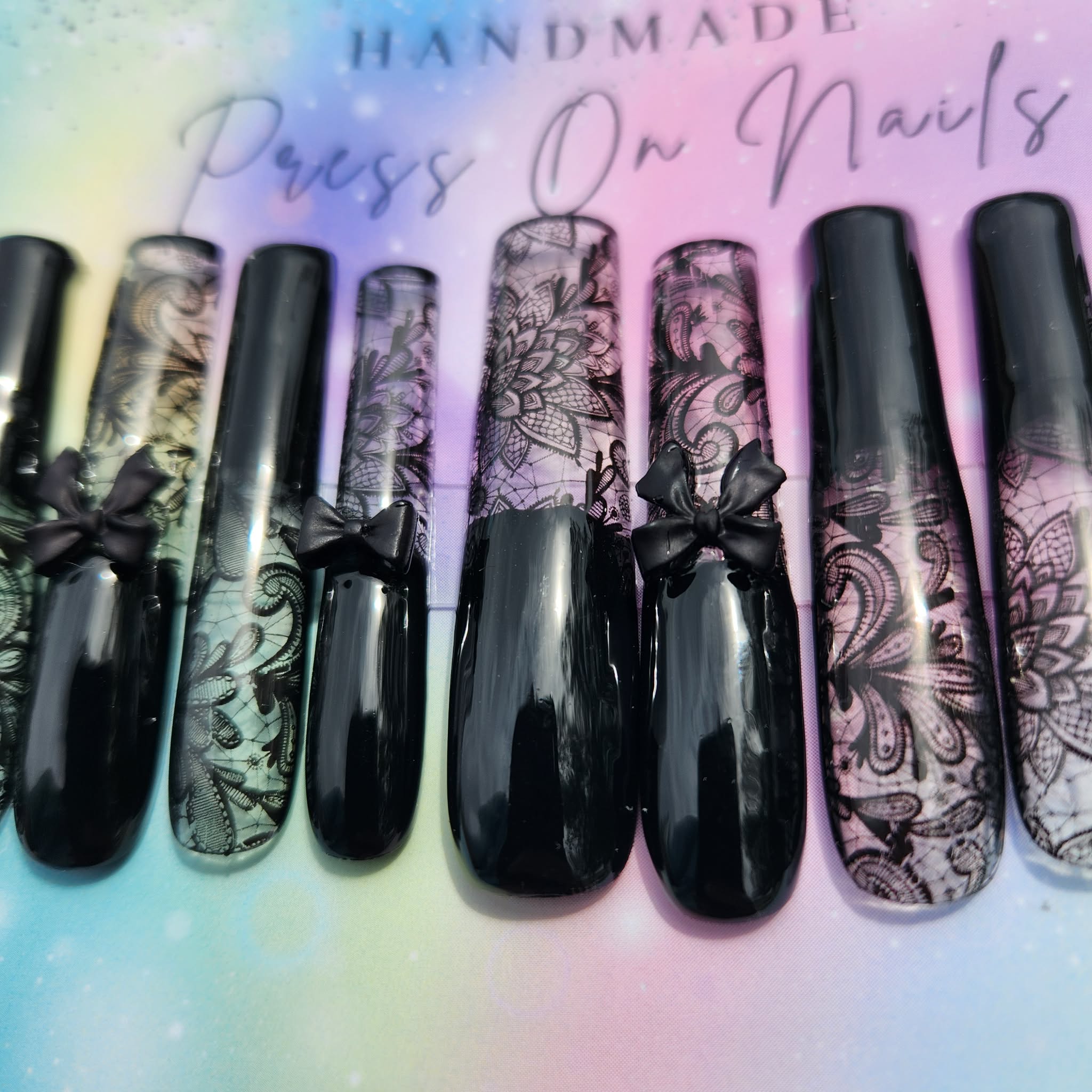 xxxl black lace bow press ons