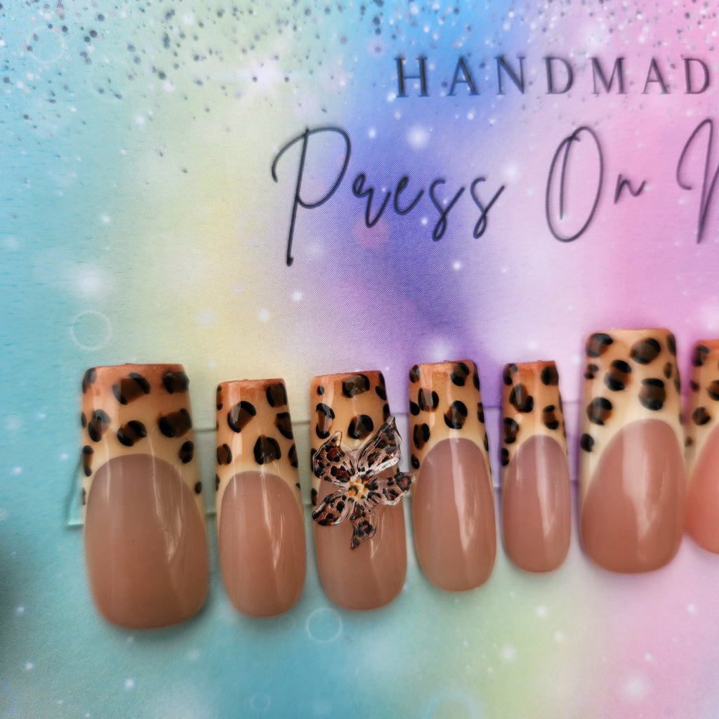 leopard French tip leopard floral press ons