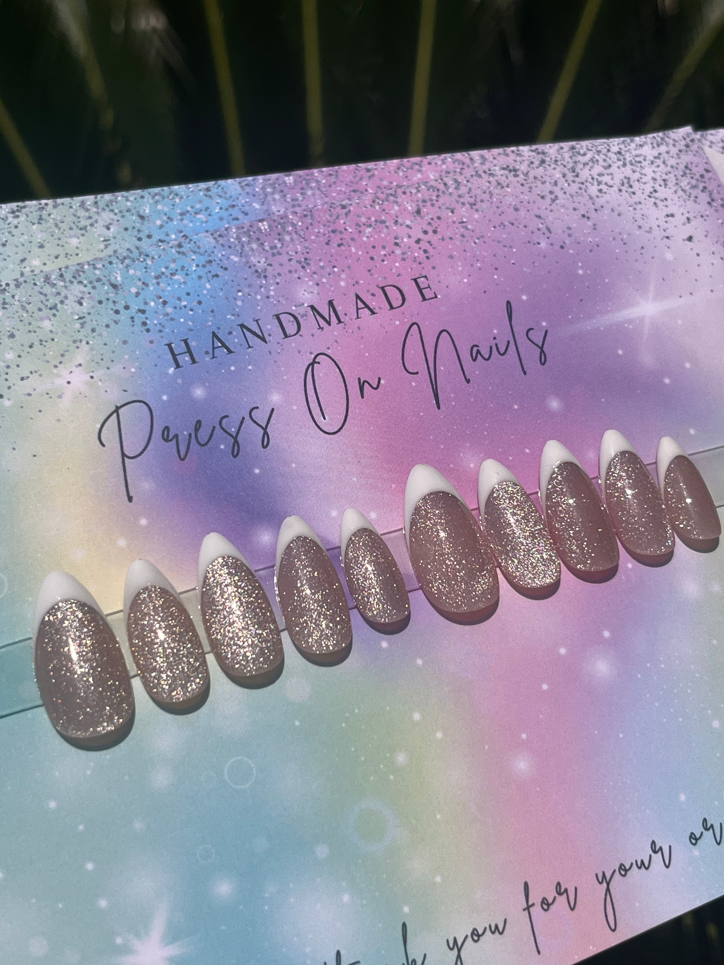 Almond shape cat eye glitter rose gold French tip