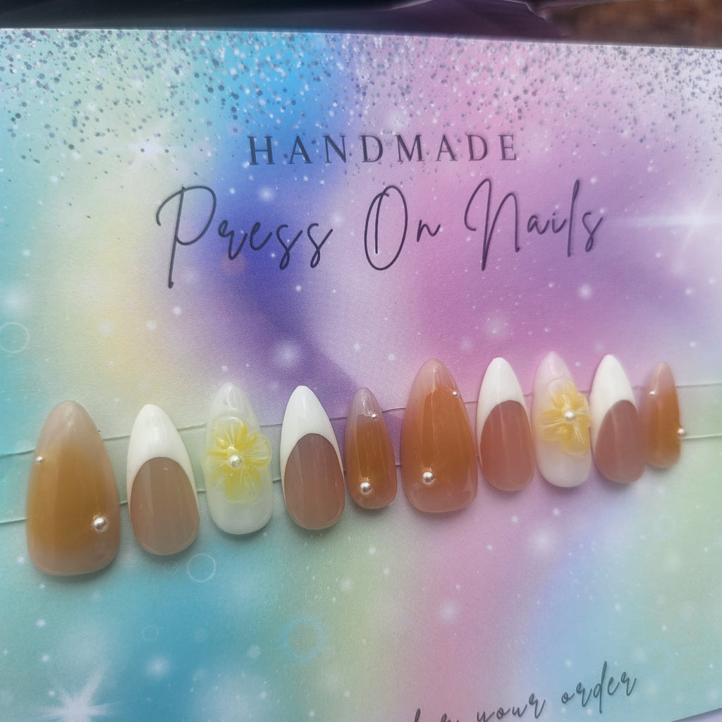 Handmade almond shape white/milky white French t yellow floral press ons