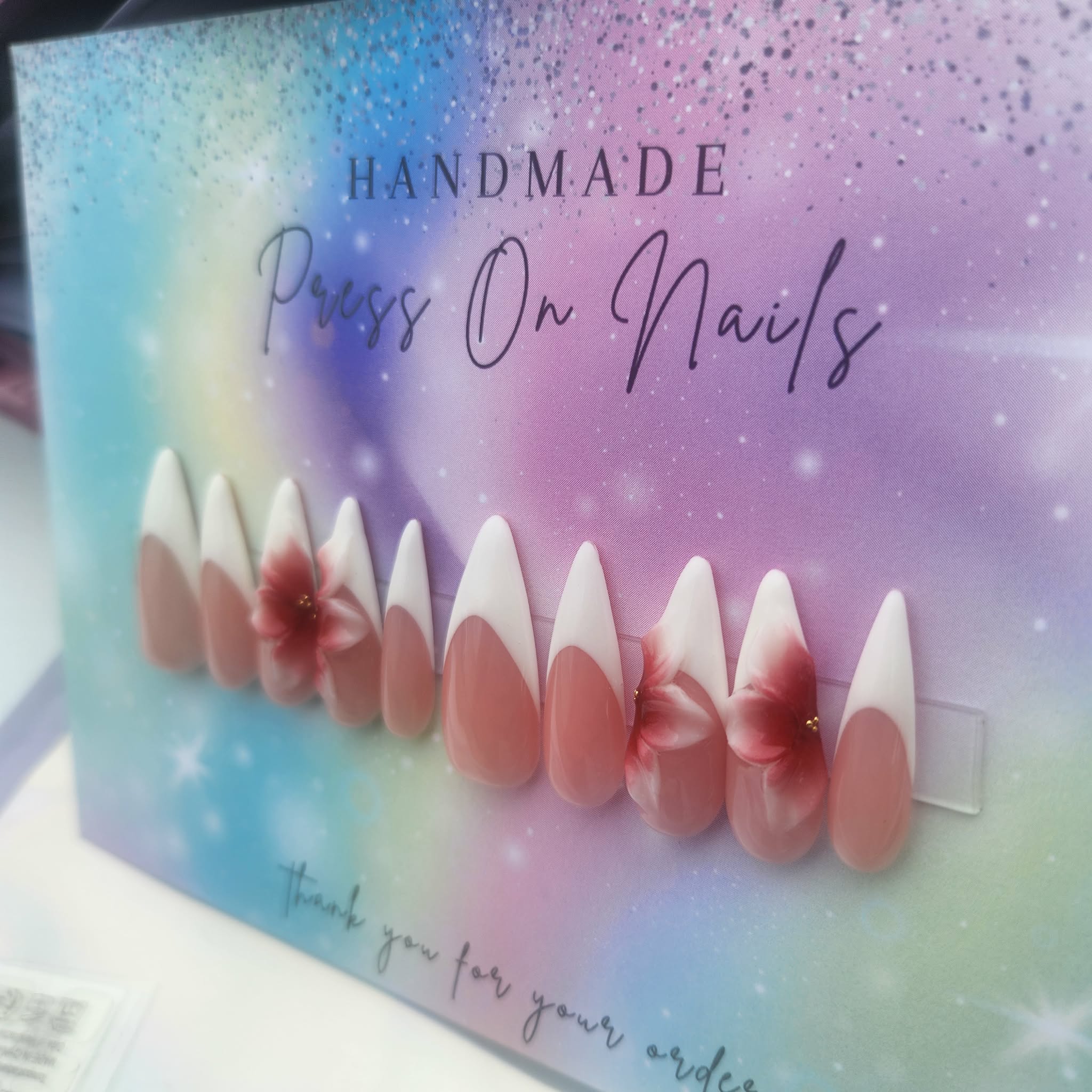 stiletto shape white French tip 3d floral press ons