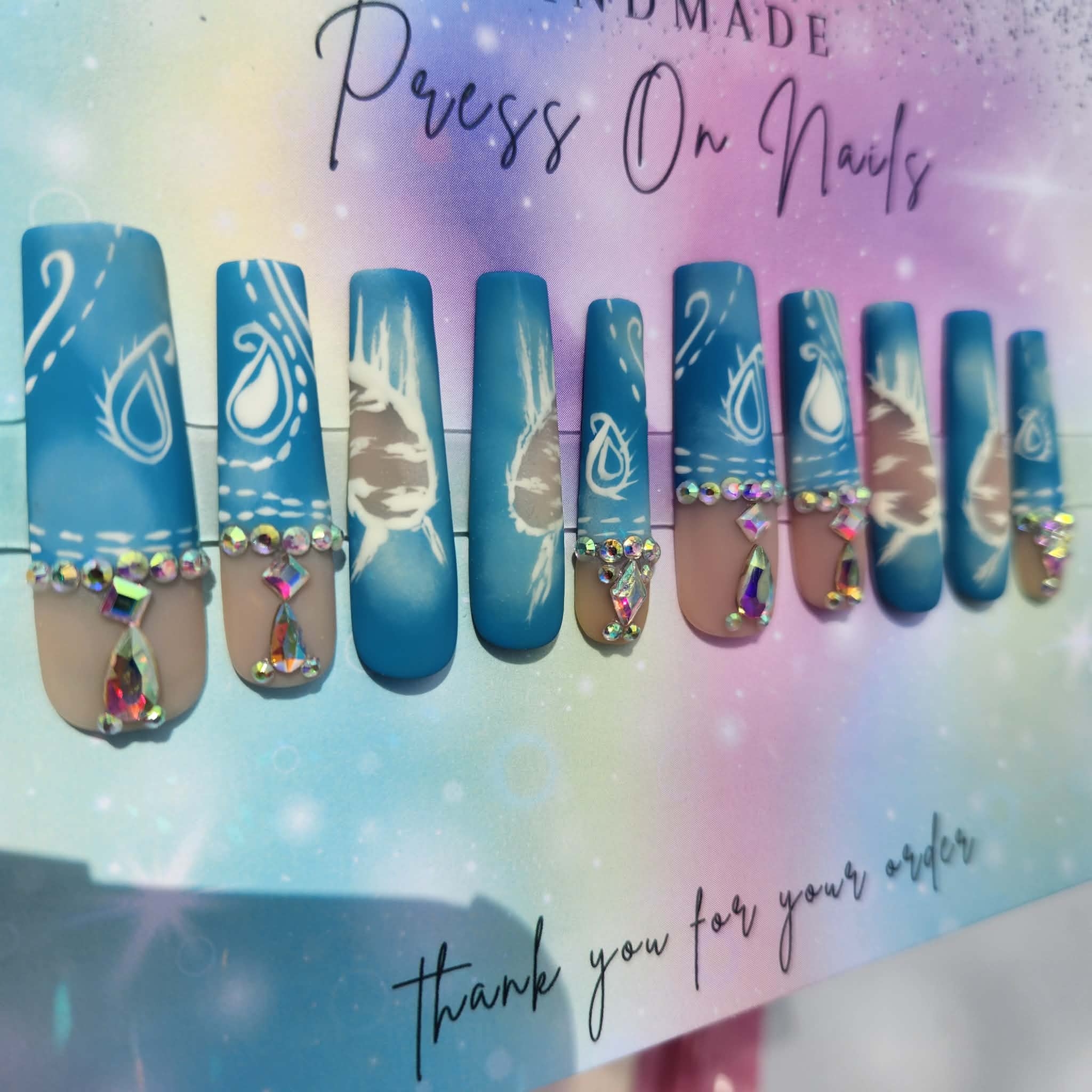 xxl matte blue bandanna white iridescent rhinestone press ons