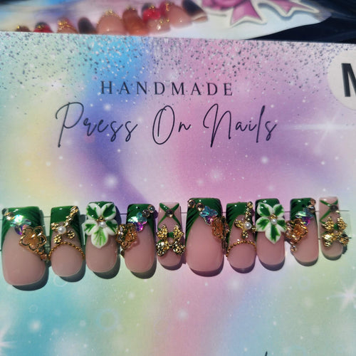 Green French tip rhinestone flower, crossbow, 3-D floral butterfly press ons