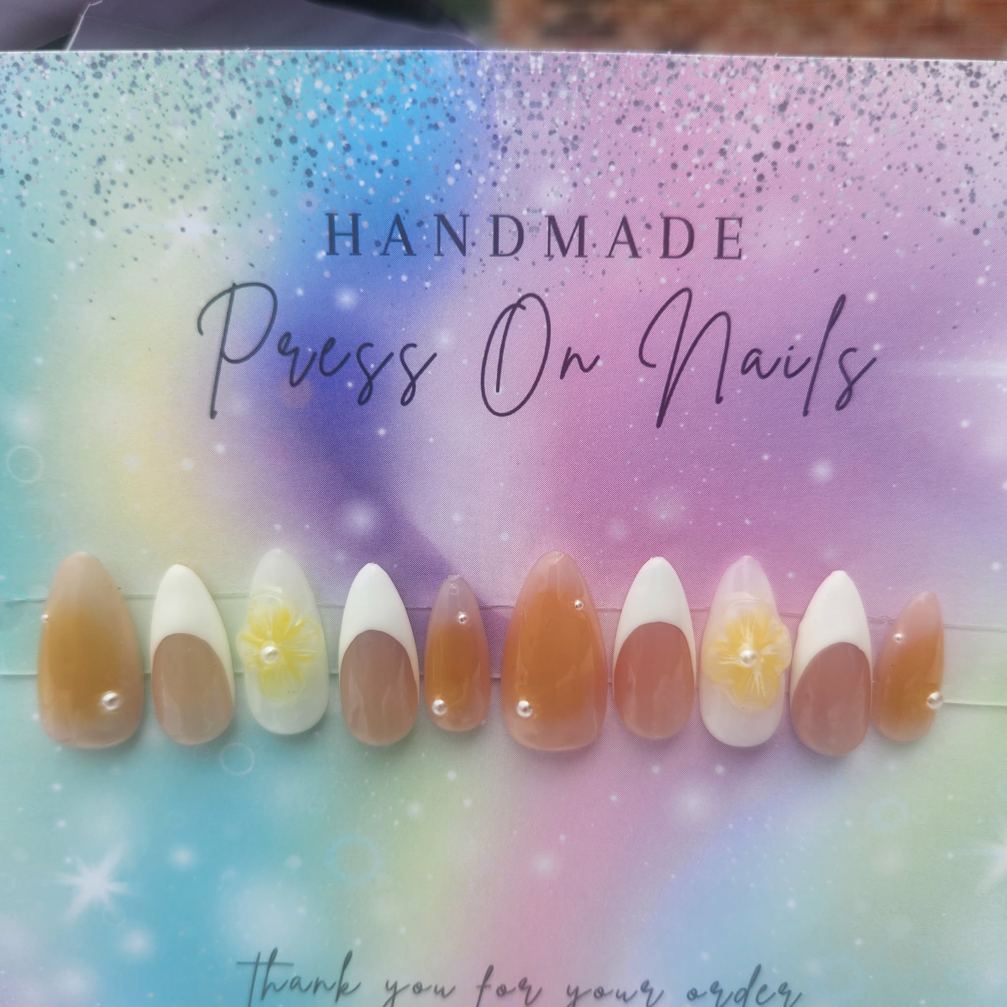 Handmade almond shape white/milky white French t yellow floral press ons