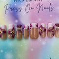 lilac purple floral gold beads press ons