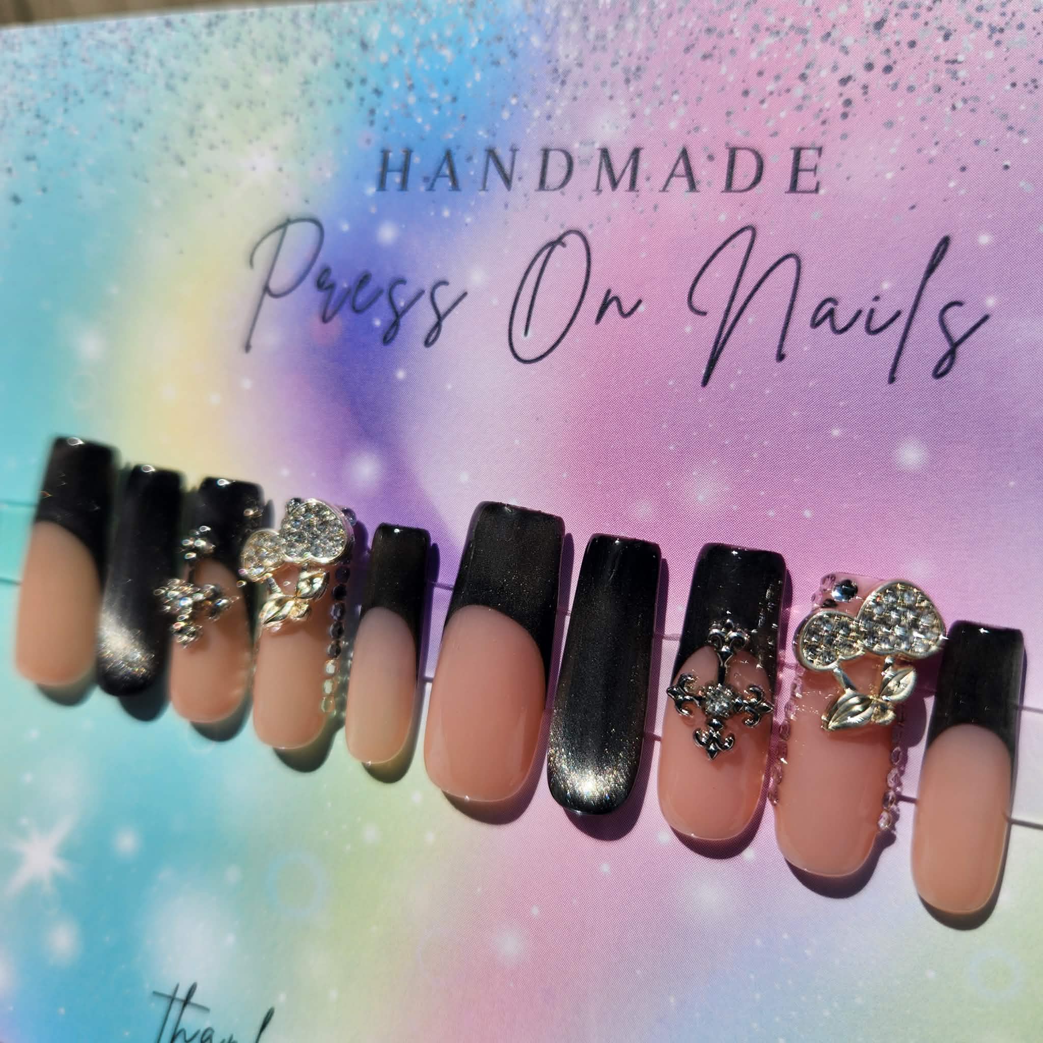 Long silver cat eye French tip glitter cross silver cherry press ons