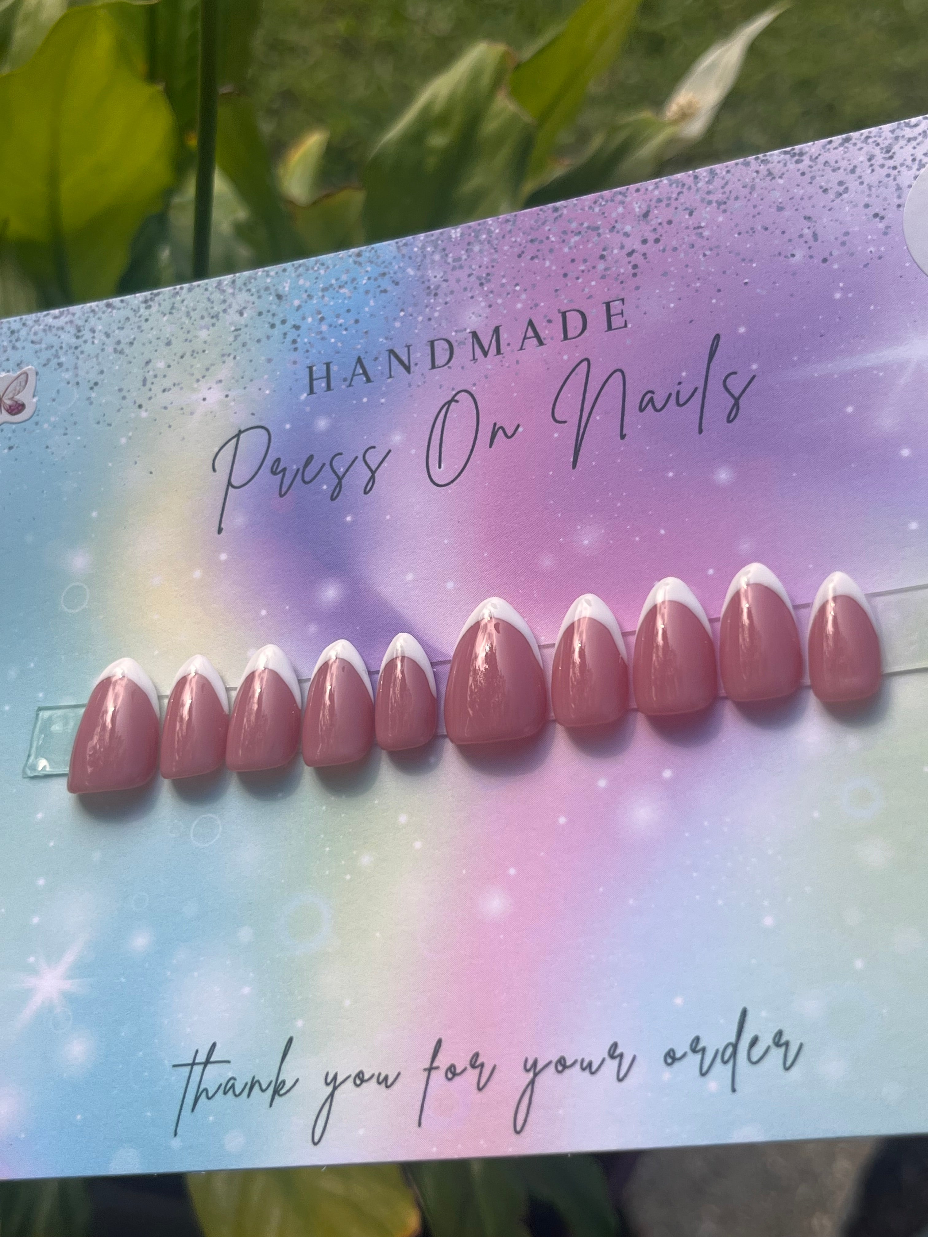 Short almond shape pink white French tip press ons