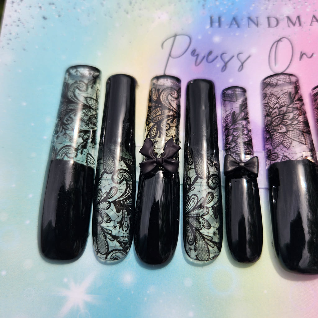 xxxl black lace bow press ons