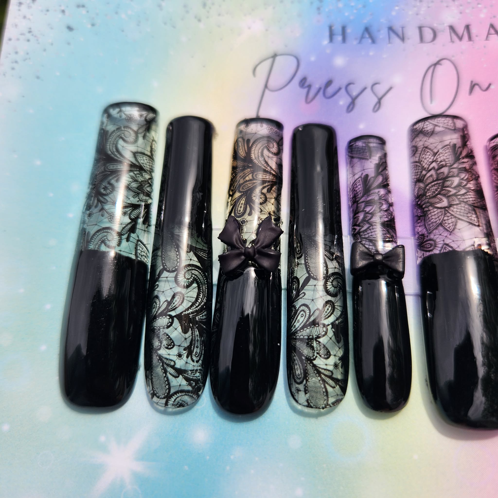 xxxl black lace bow press ons