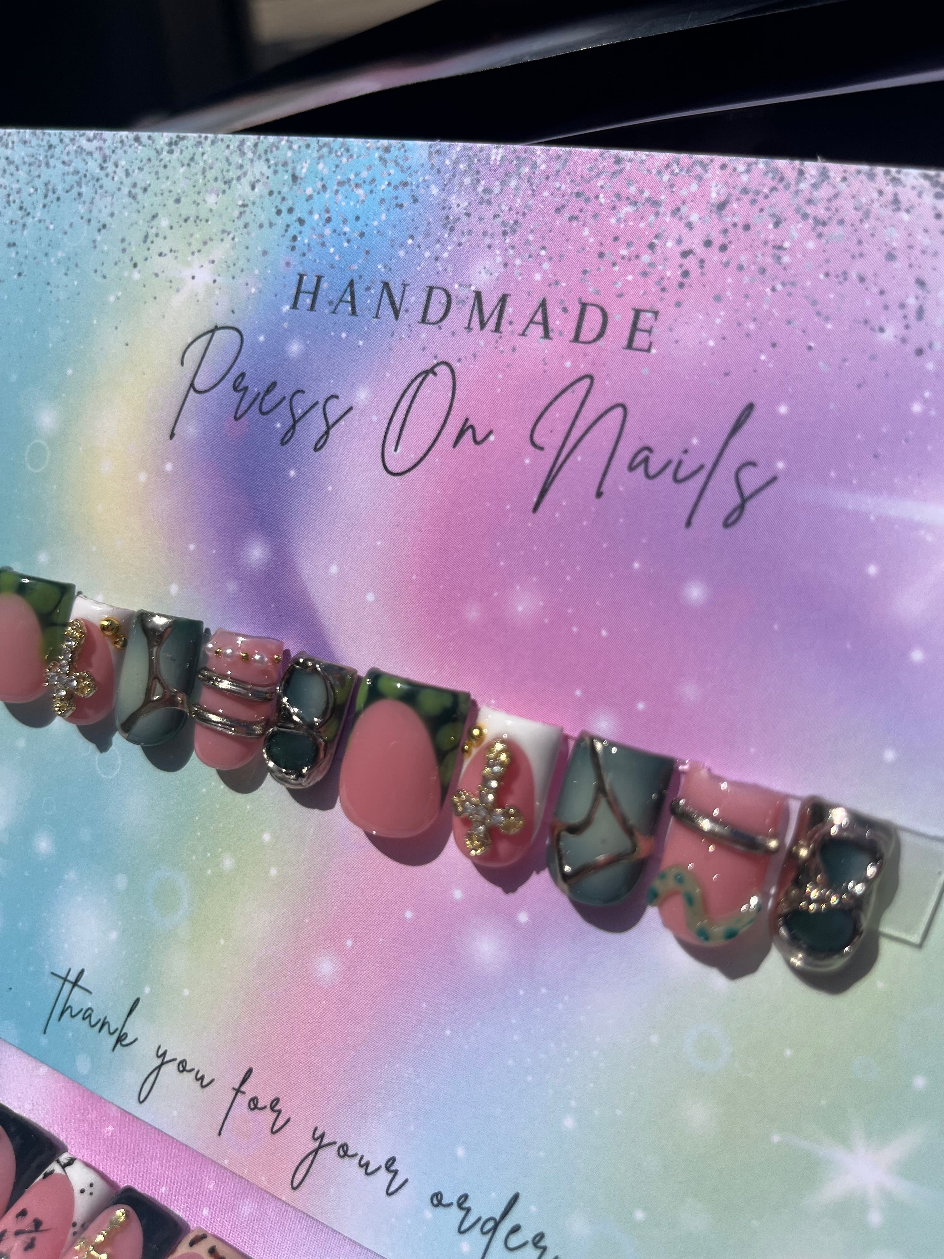 Short square shape green black bloom French tip white cross silver chrome press ons