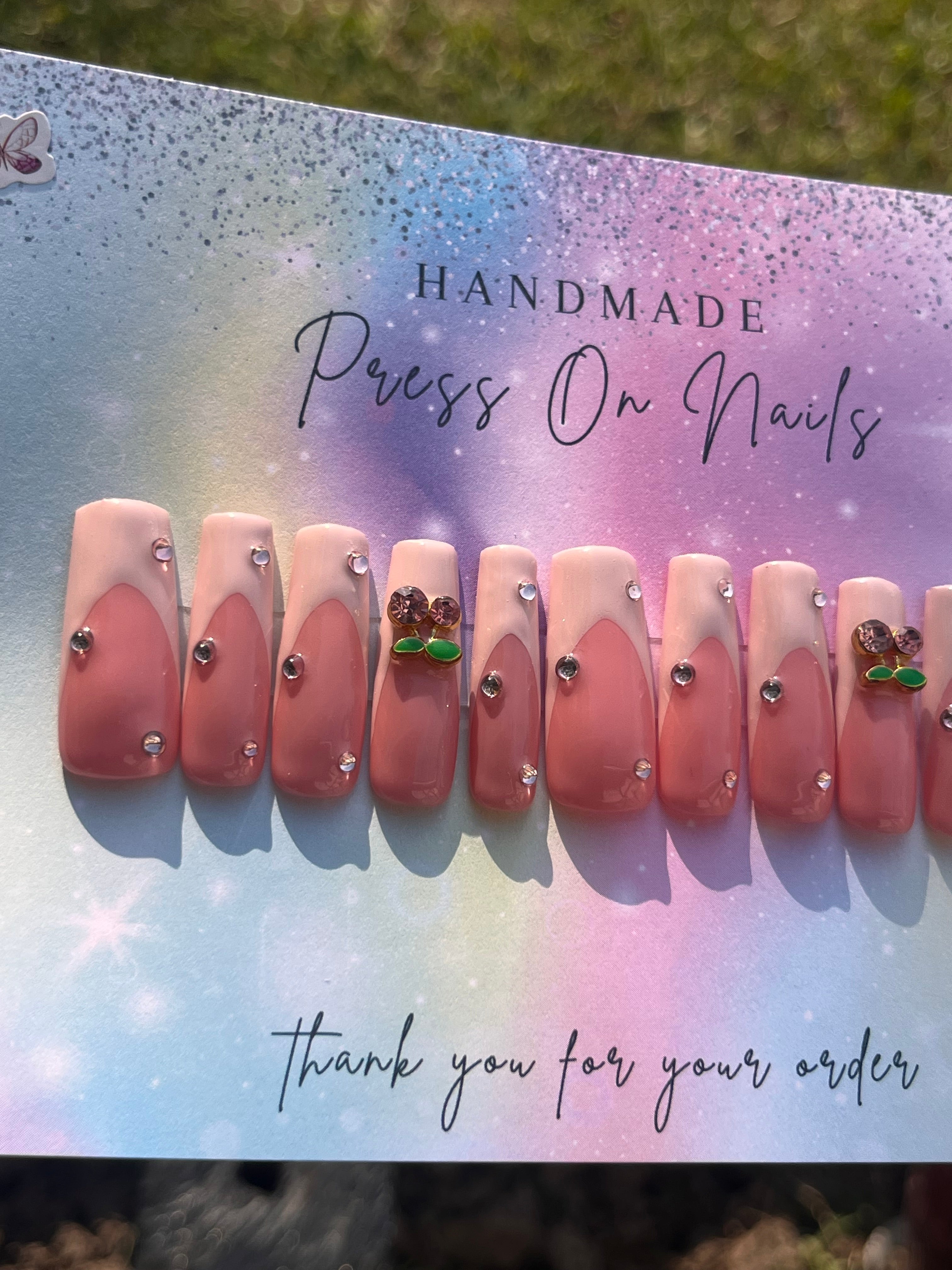 Xl pink French tip silver rhinestone cherry press ons