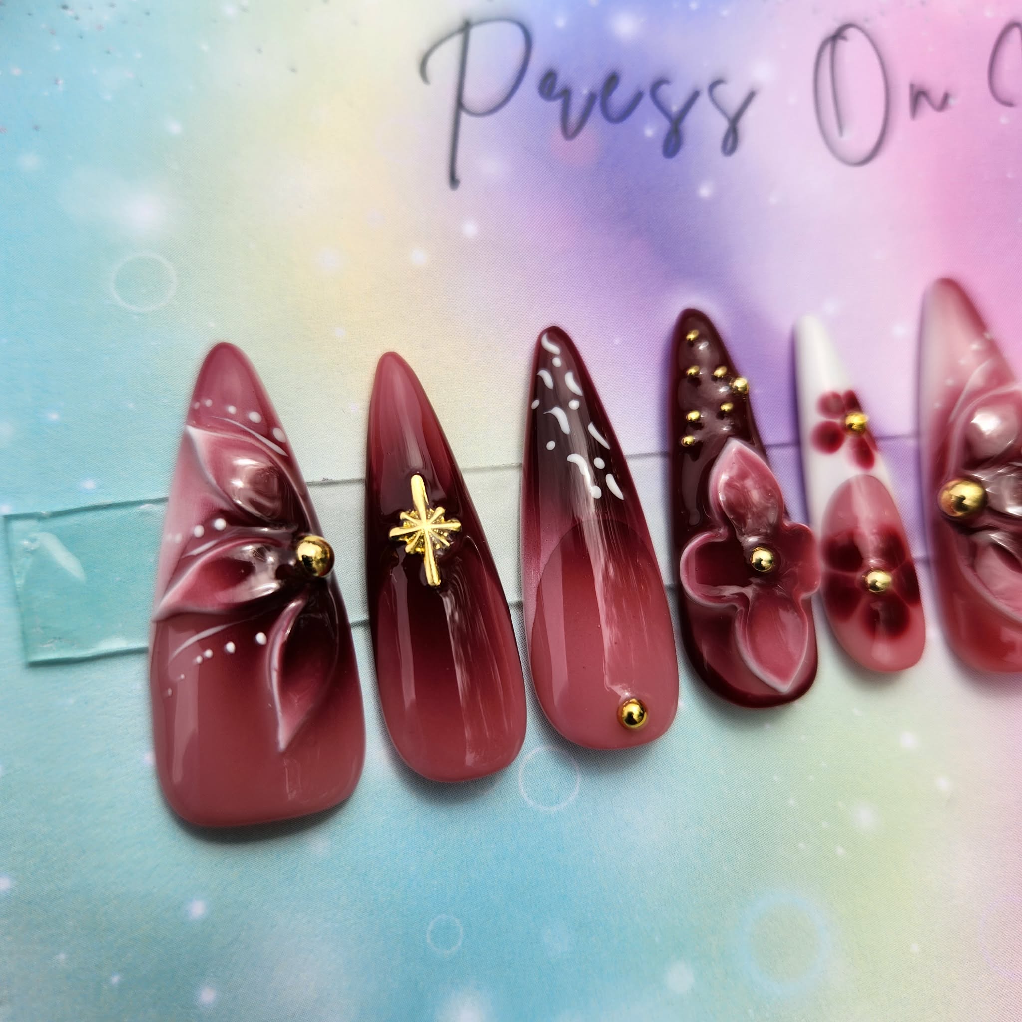 long stiletto shape deep burgundy French tip 3d floral press ons