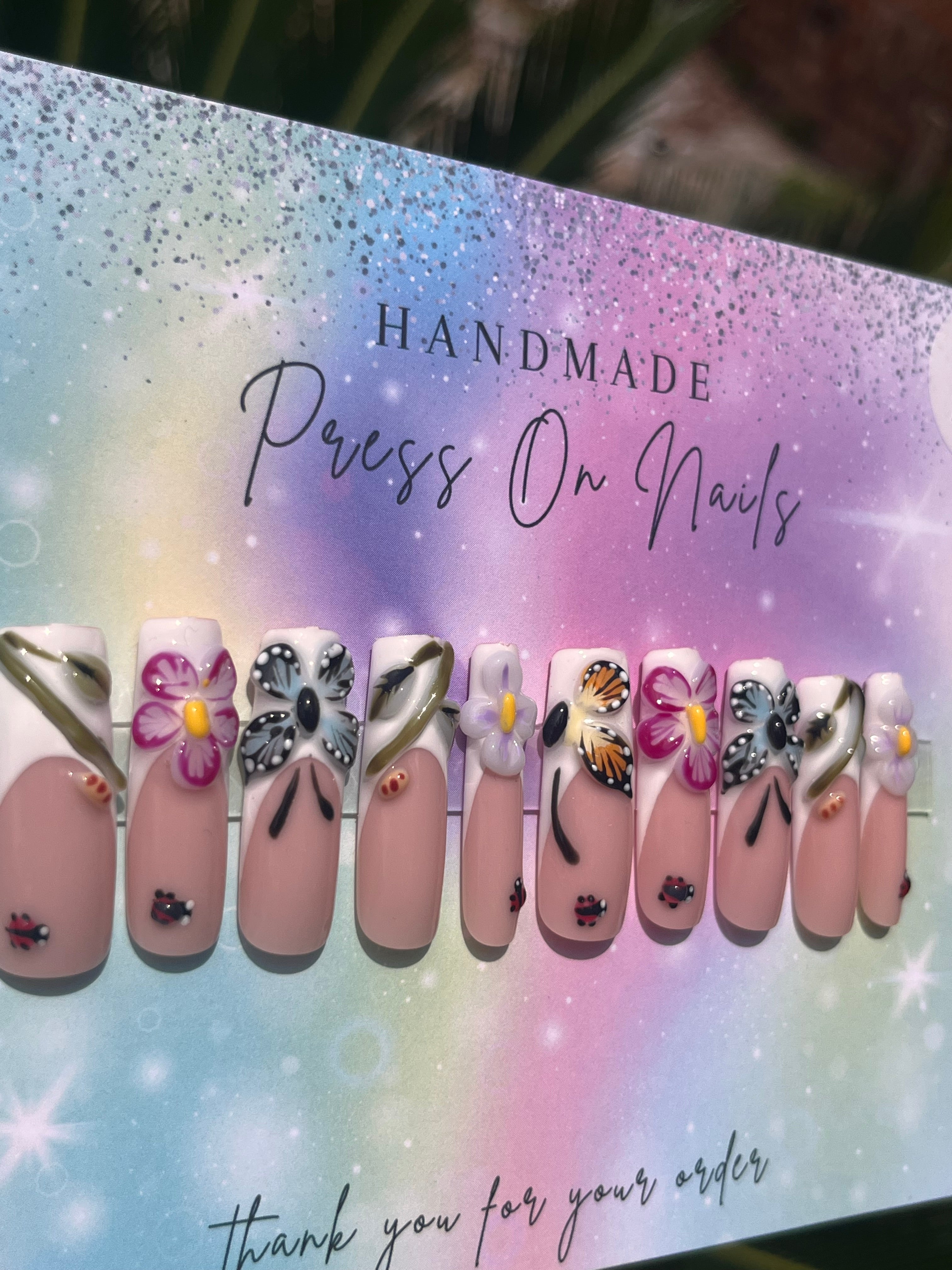 Long white French tip spring time 3d floral butterfly lady bug caterpillar press ons