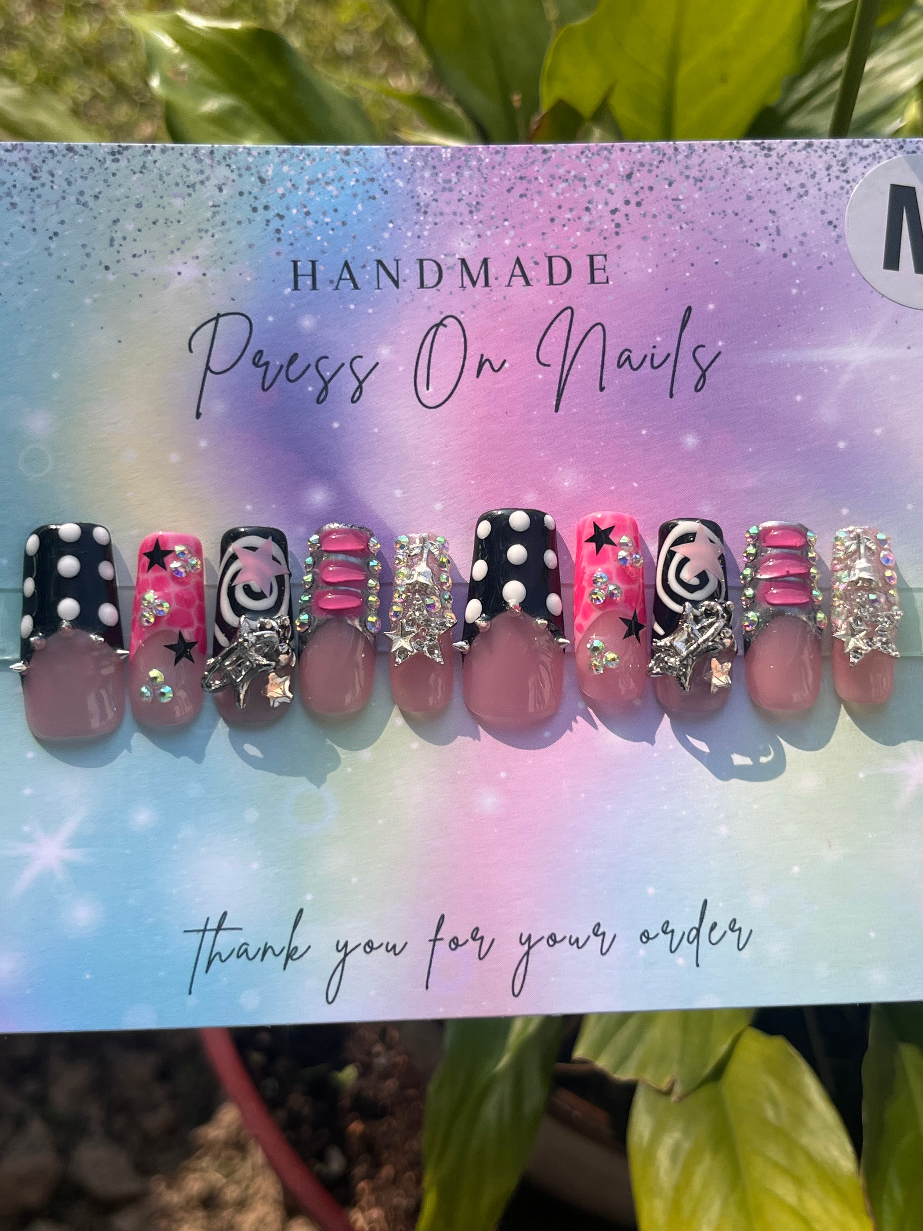 Black white polka dot pink French tip swirl pink star rhinestone press ons