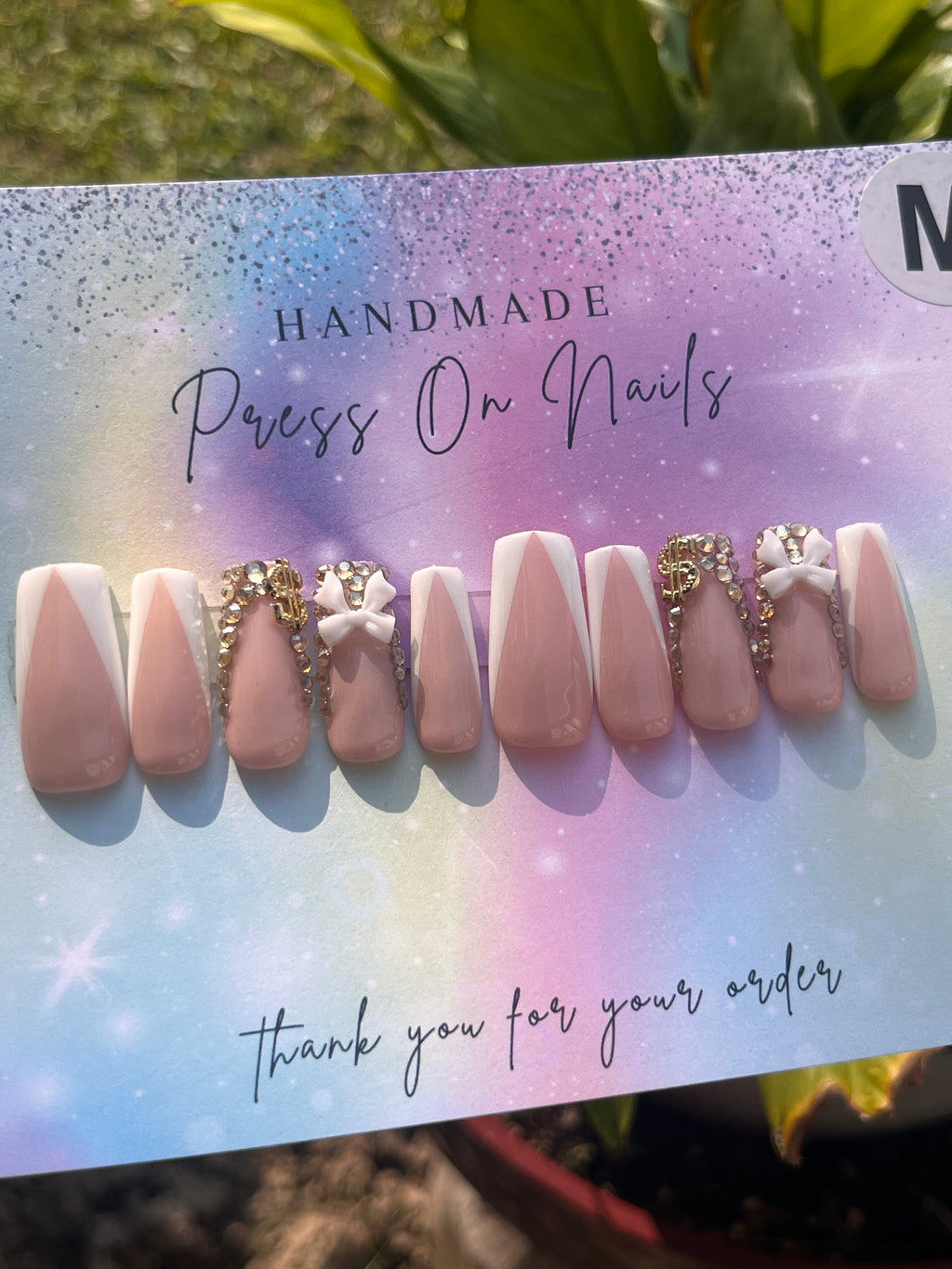 White French tip, gold rhinestone, white bow, money sign press ons