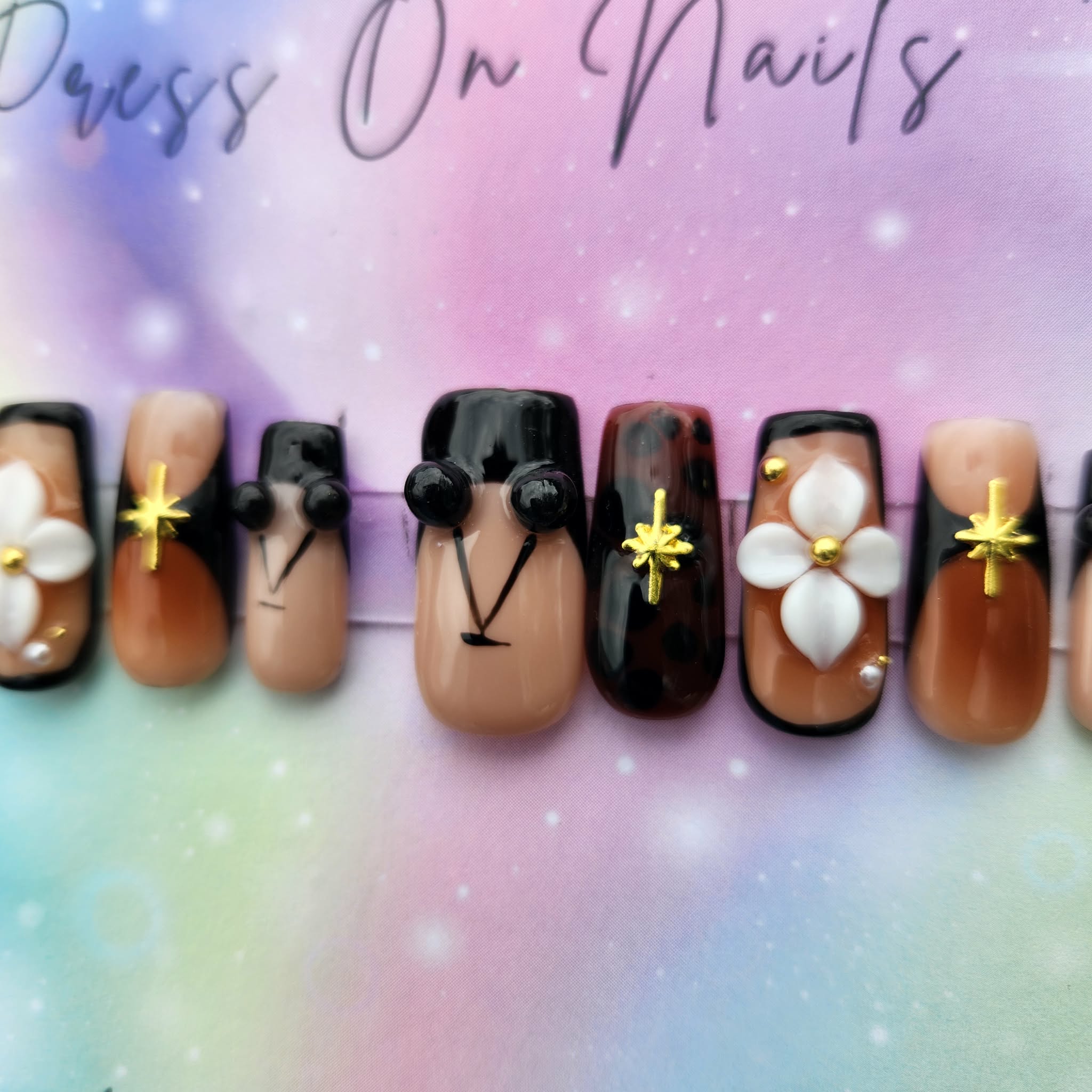 dark brown French tip 3d cherry white floral gold star press ons