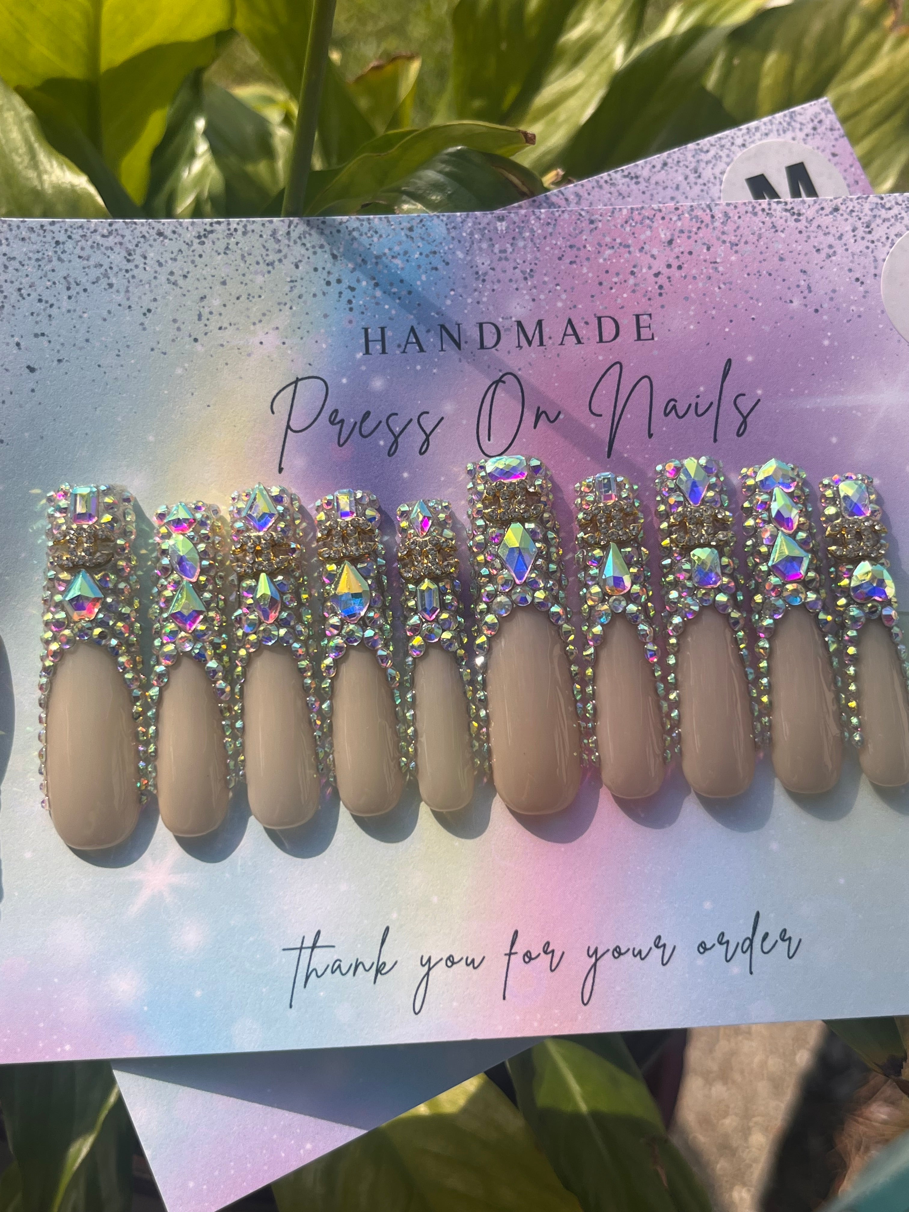 Xxxl iridescent rhinestone bling French tip press ons